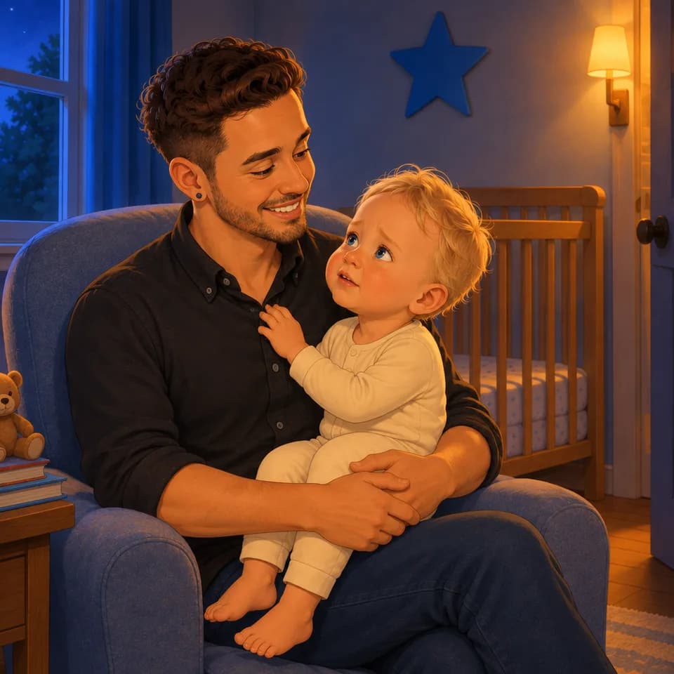 Tom looks up at Dad while sitting on his lap in a softly lit bedroom.