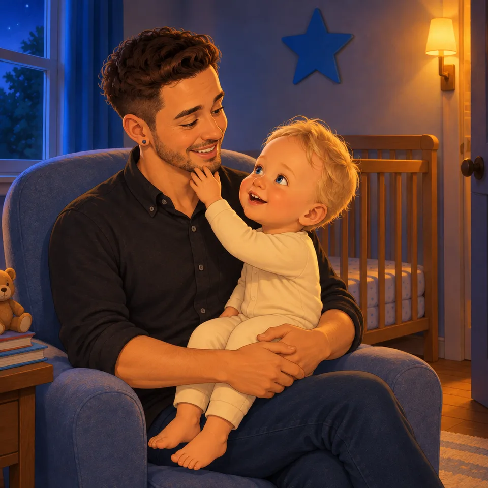 Tom touches Dad’s chin as Dad smiles toward him.