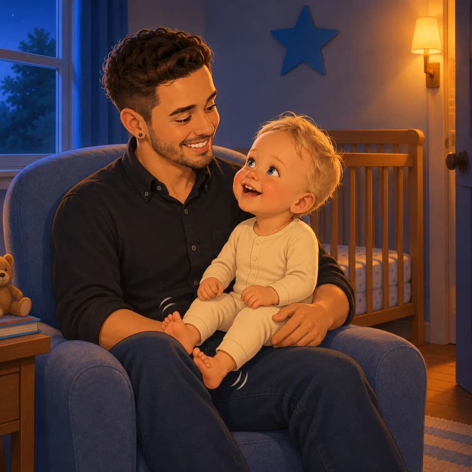 Tom moves his bare feet while sitting on Dad’s lap in cream pajamas.