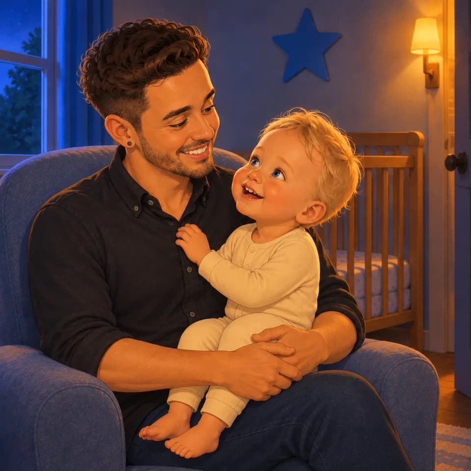 Dad smiles warmly at Tom in the blue chair.