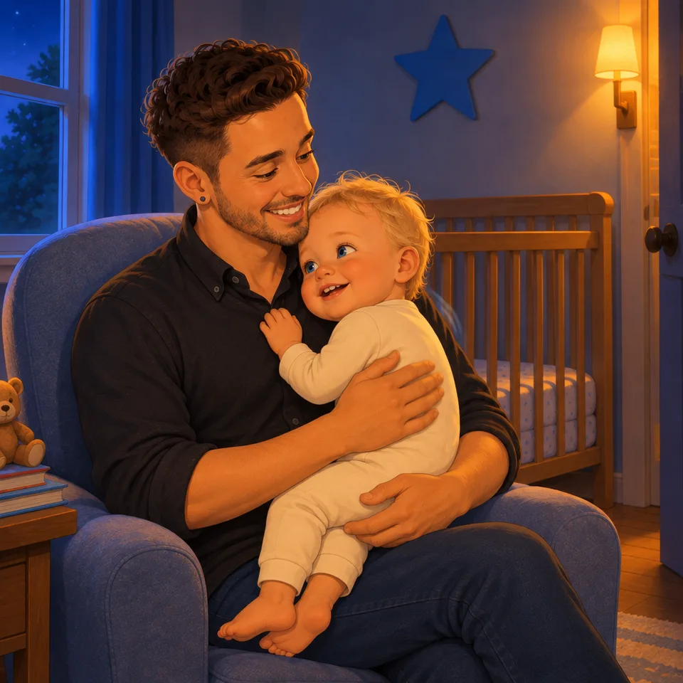 Dad rubs Tom’s back while holding him against his chest.