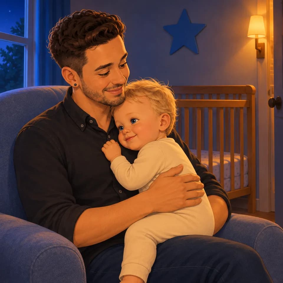 Tom rests against Dad’s shoulder in the blue chair.
