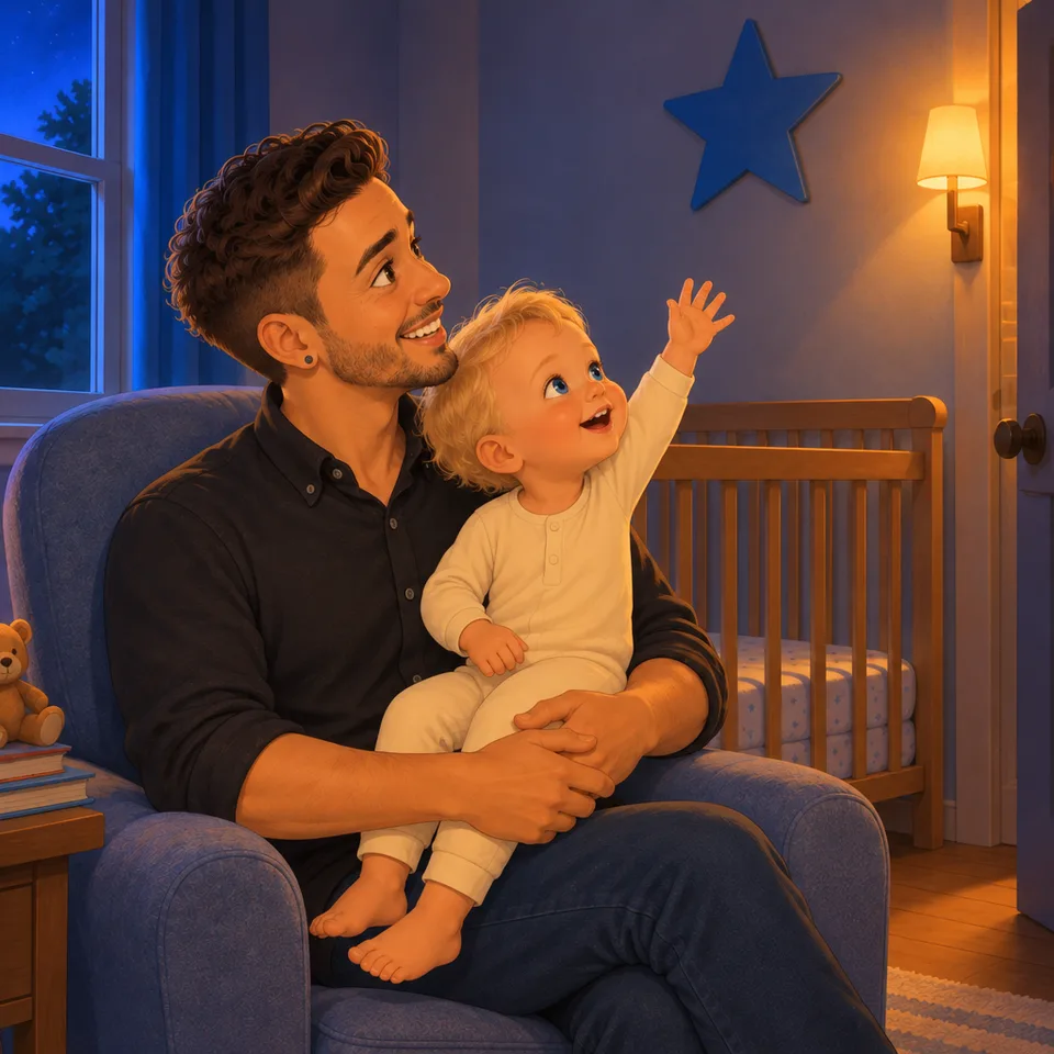 Tom reaches toward a blue star on the wall while Dad supports him.