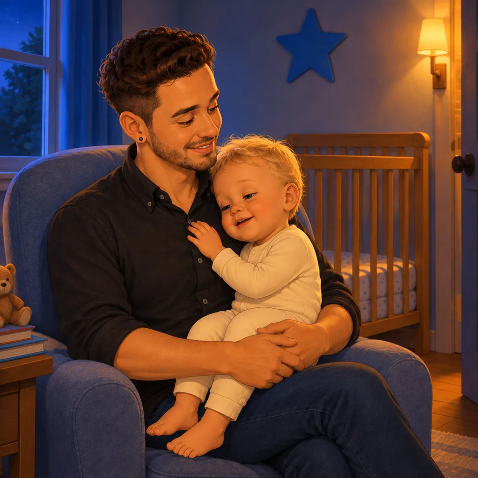 Tom’s hand rests on Dad’s chest as they settle quietly.