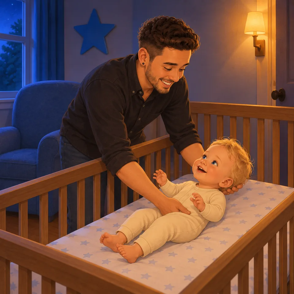 Dad supports Tom’s head and body as he lays him on his back in the crib.