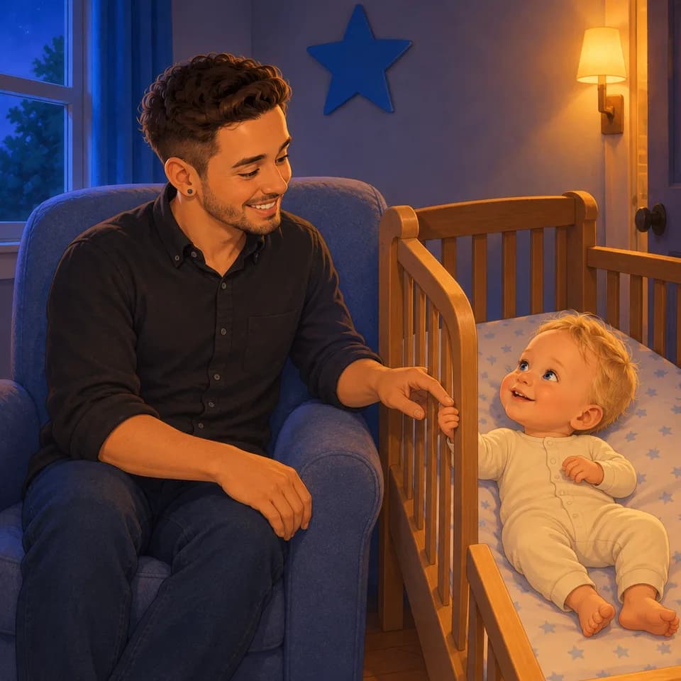 Dad sits beside the crib and looks toward Tom.