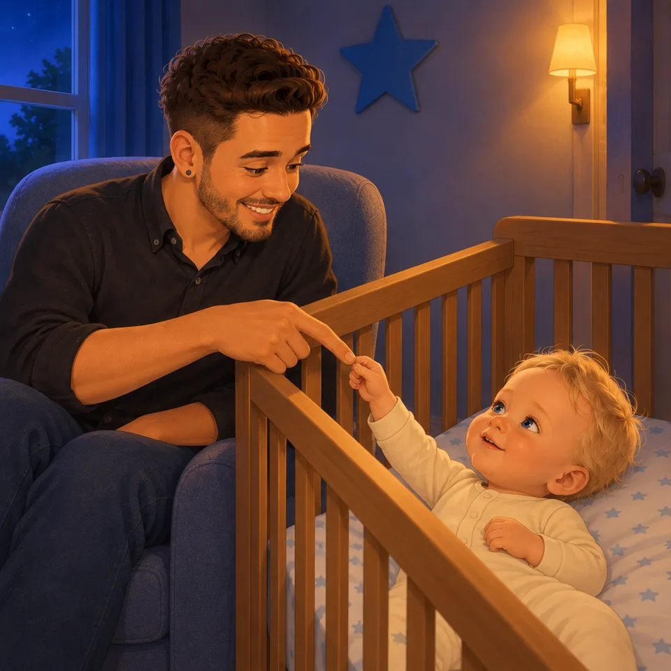 Tom touches Dad’s fingertip through the crib rails.