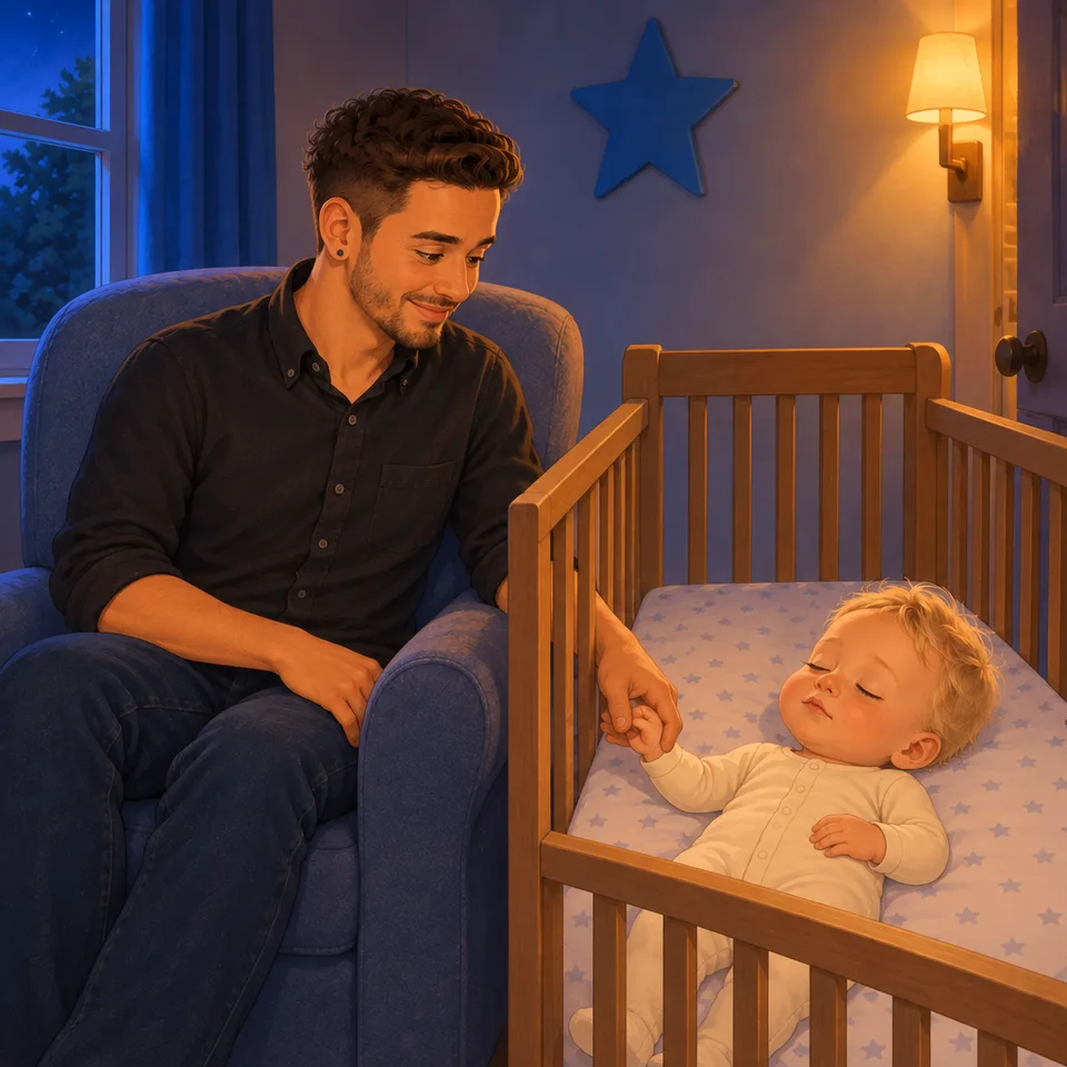 Tom rests on his back in the clear crib while Dad sits close.