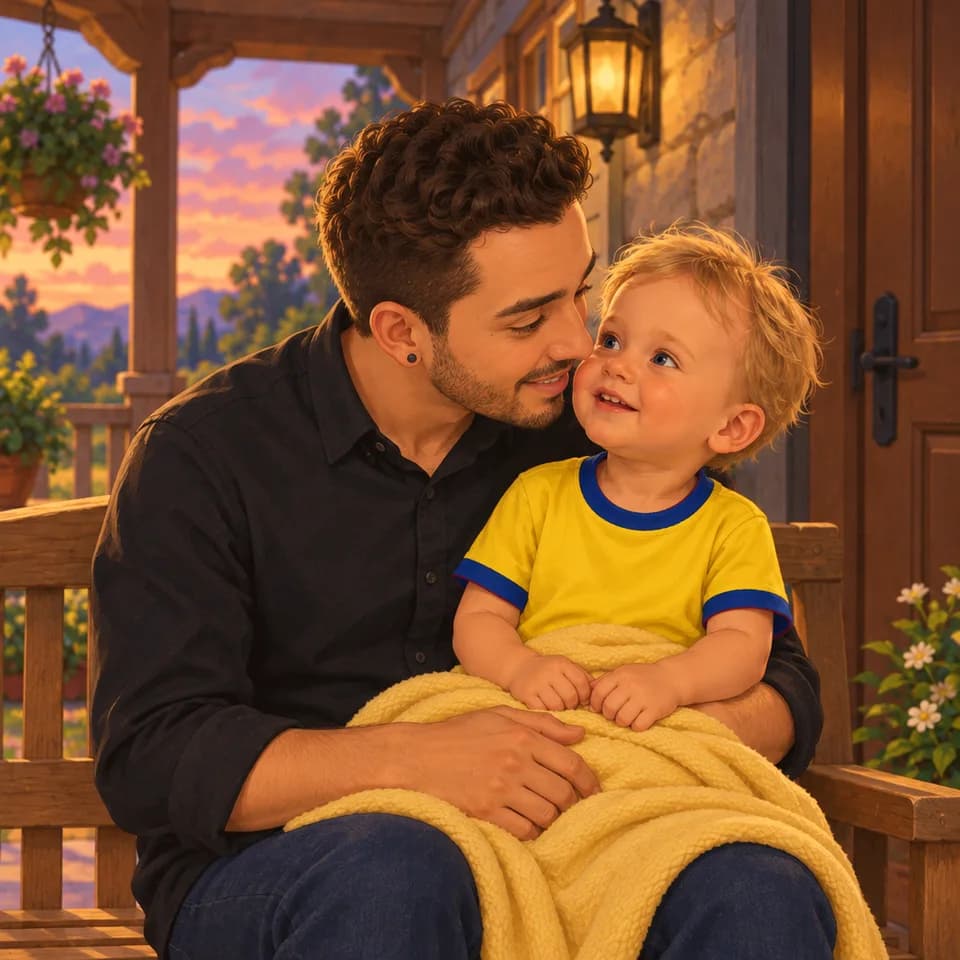 Papá acerca su cara sonriente a Tom, sentado en su regazo bajo una manta amarilla.