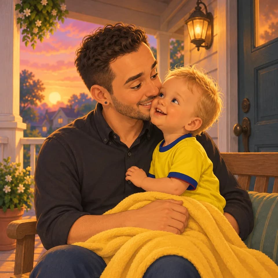 Tom acerca su mejilla a la cara sonriente de Papá.