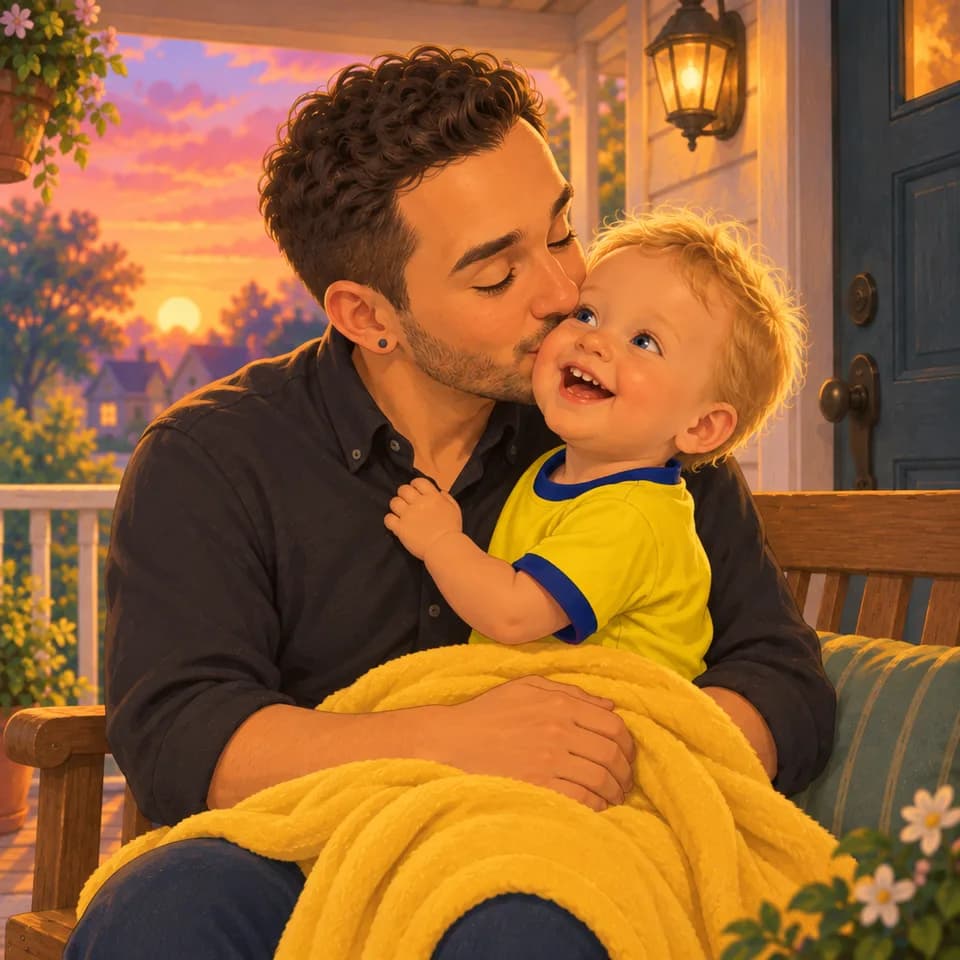 Papá besa la mejilla de Tom mientras Tom se ríe.