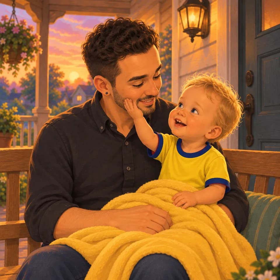 Tom levanta la mano hacia la mejilla de Papá.