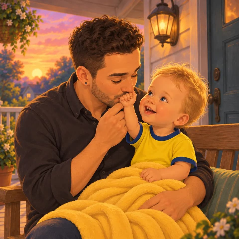 Papá besa la mano levantada de Tom.