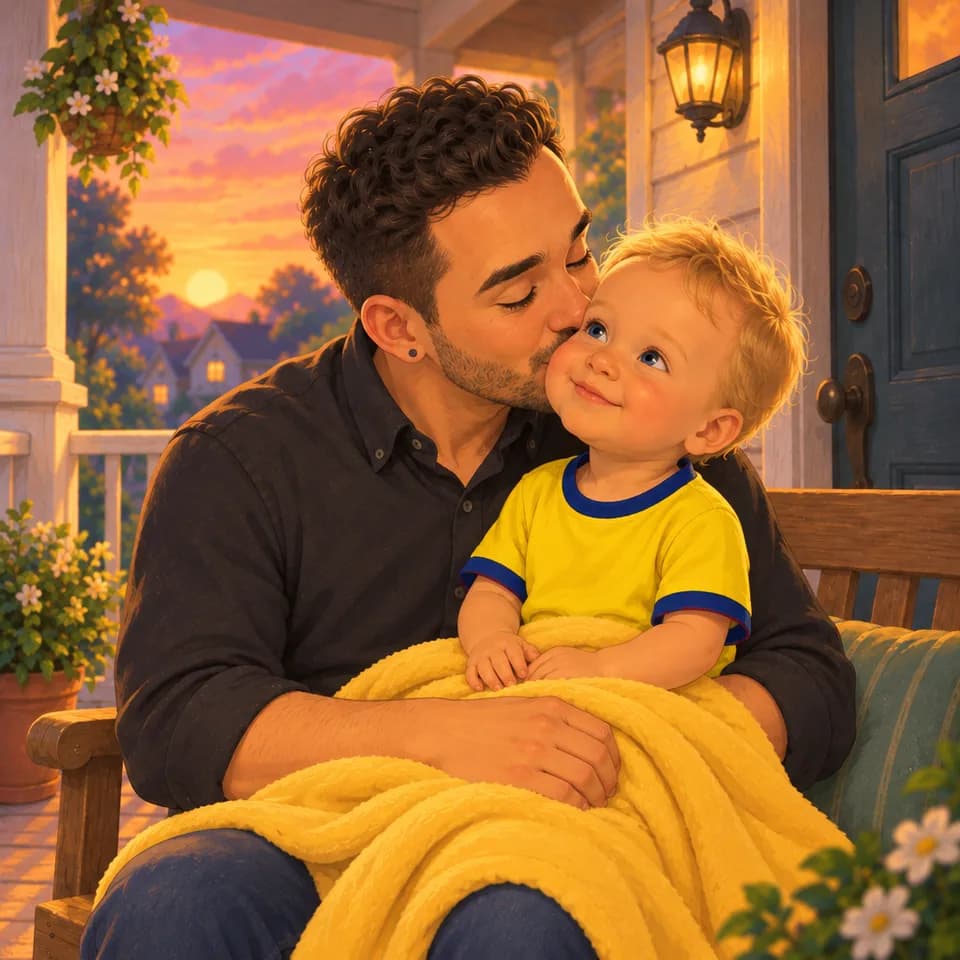Papá da otro beso en la mejilla de Tom.