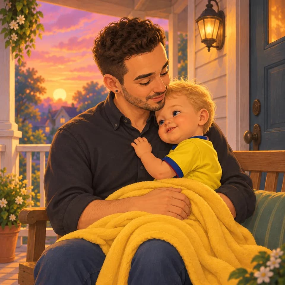 Tom se acurruca más cerca del pecho de Papá.