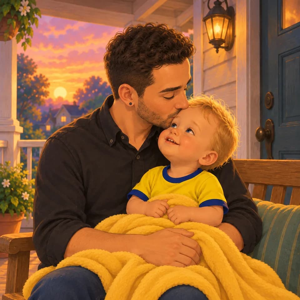 Papá da un besito en la frente de Tom.