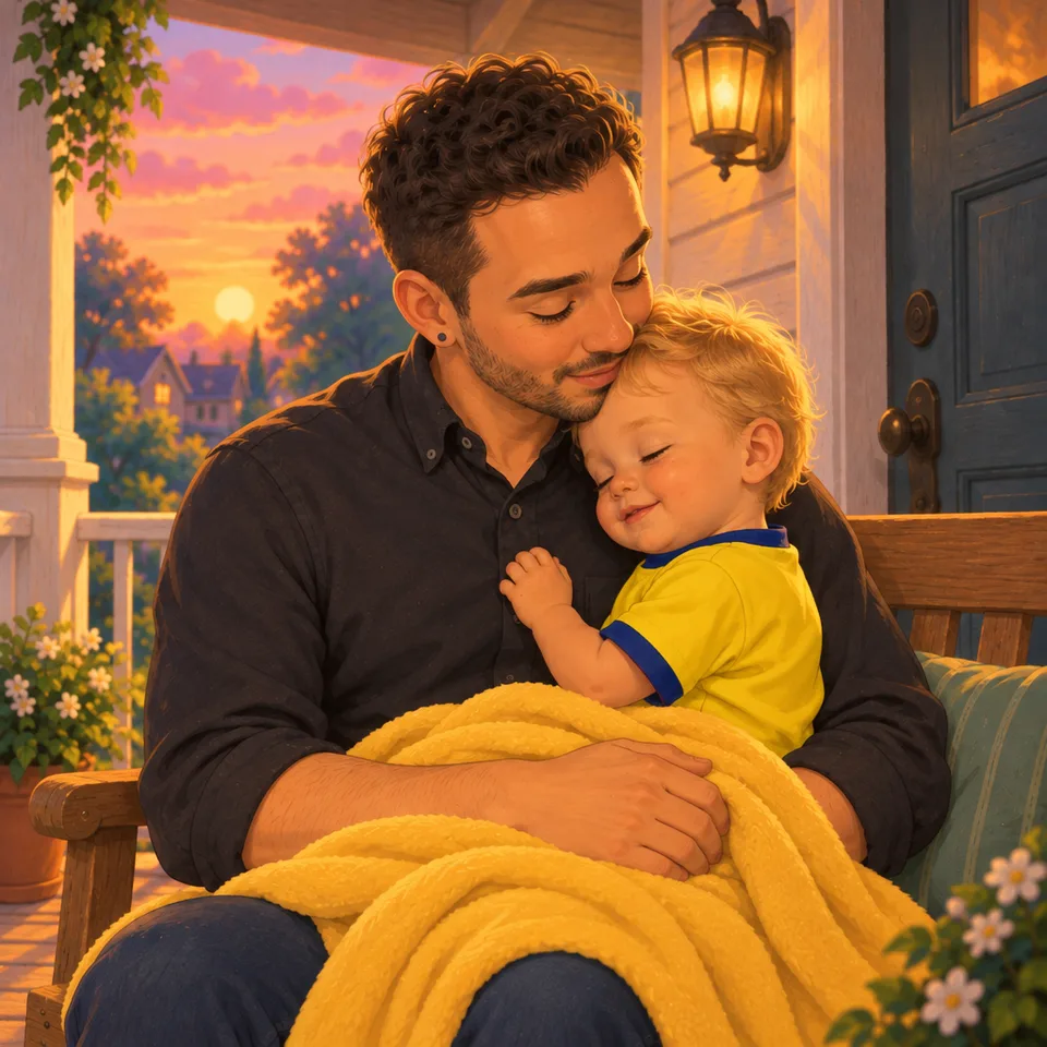 Tom descansa con los ojos cerrados contra Papá.
