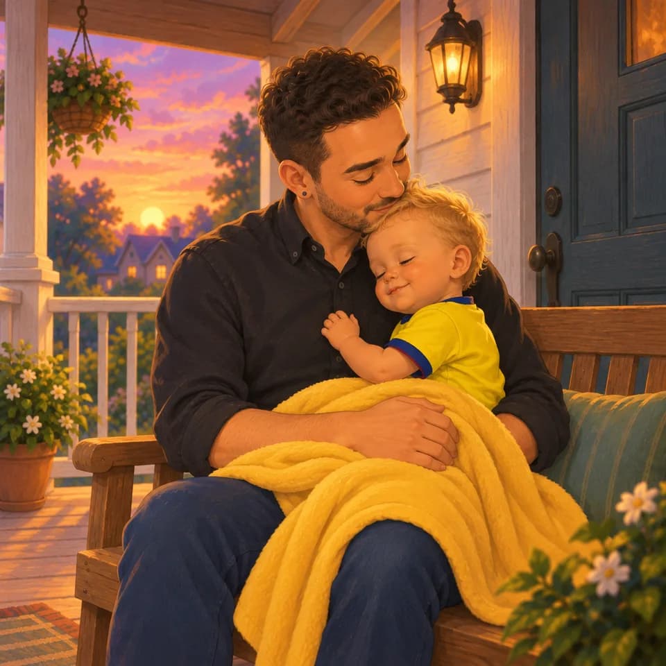 Papá sostiene a Tom, que descansa bajo la manta al atardecer.