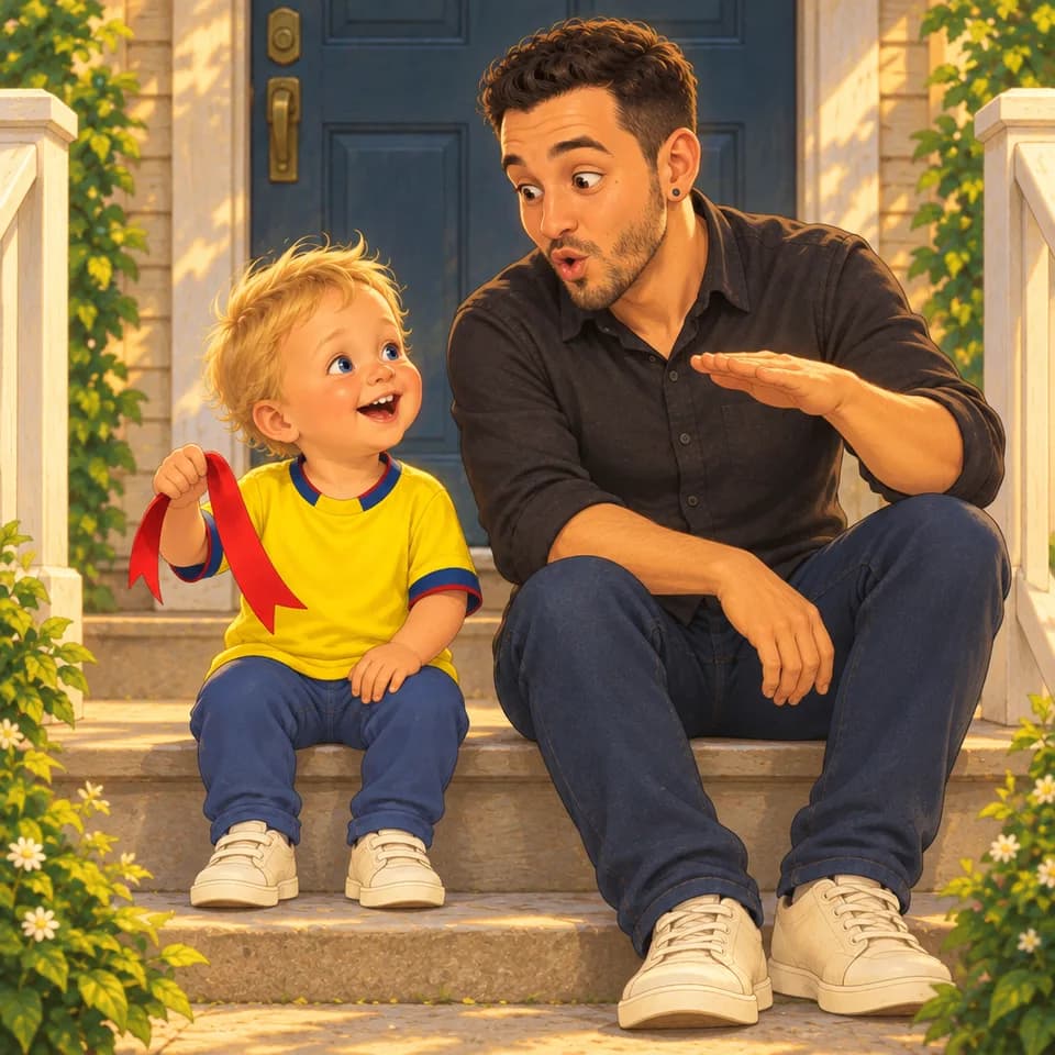 Tom holds a red ribbon beside Dad on the porch steps.