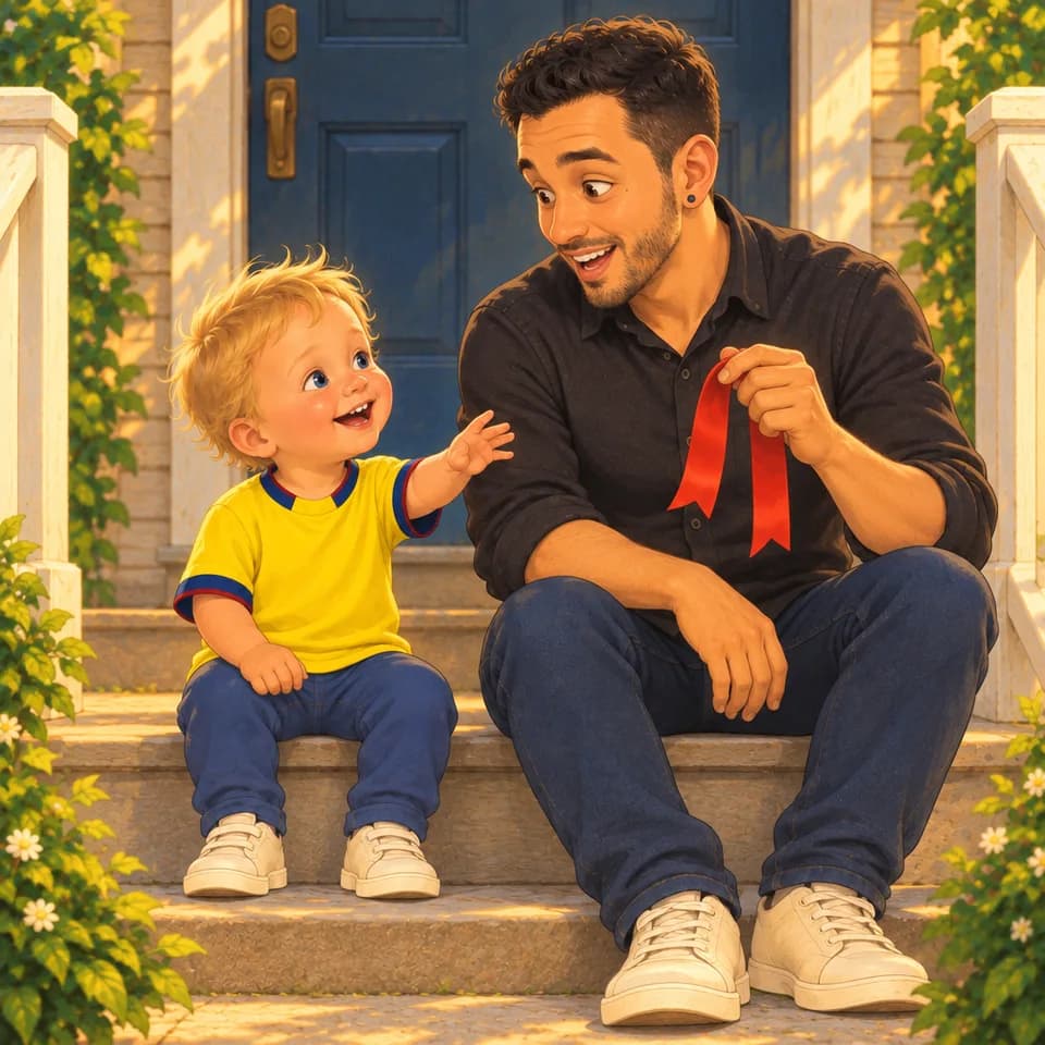 Dad pauses with the ribbon and listens to Tom on the steps.