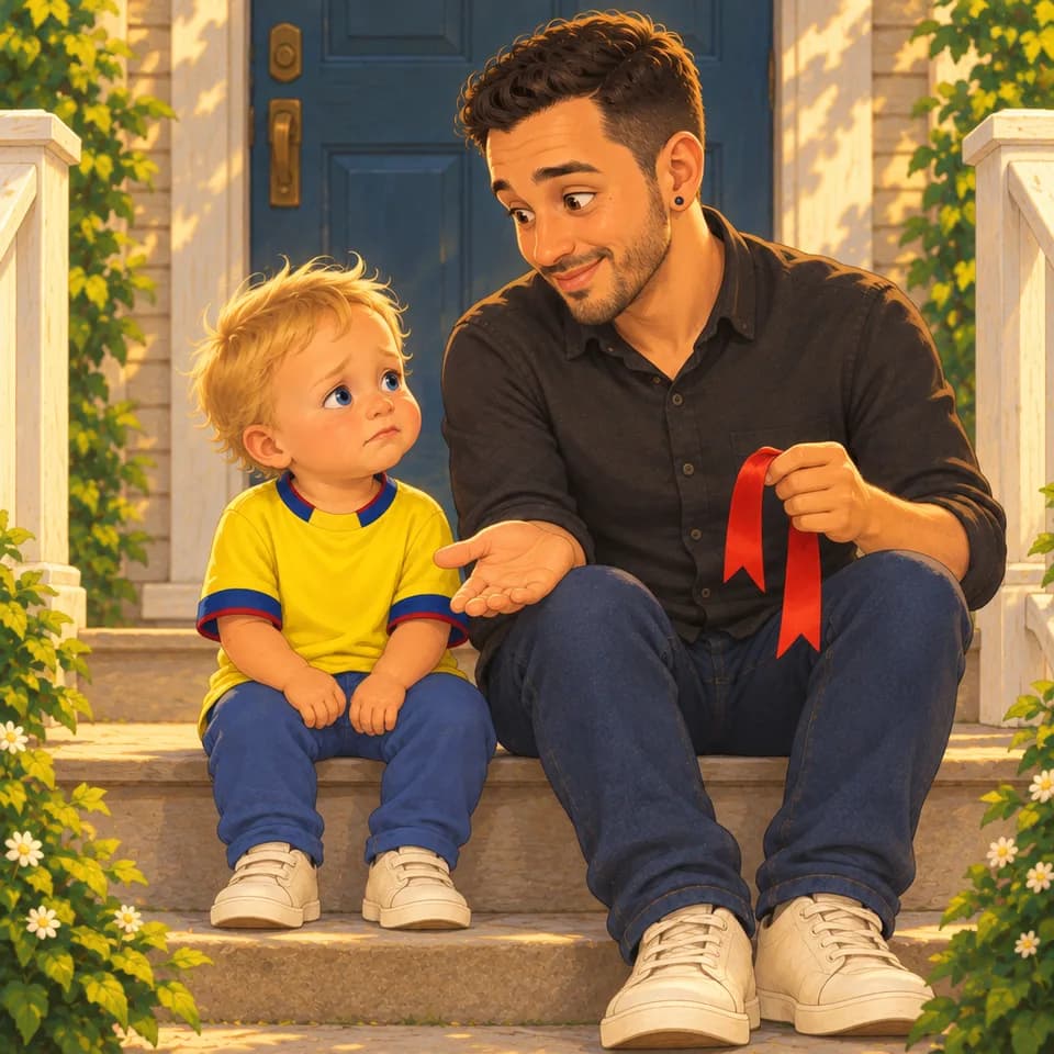 Tom frowns while Dad offers his free hand and keeps the ribbon in the other.