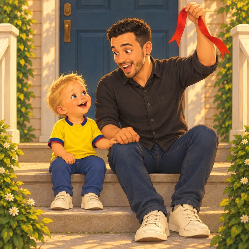 Dad raises the red ribbon high as Tom watches, still holding his free hand.