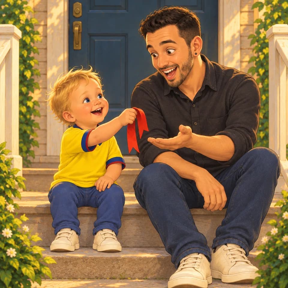 Tom offers the ribbon toward Dad’s open palm.