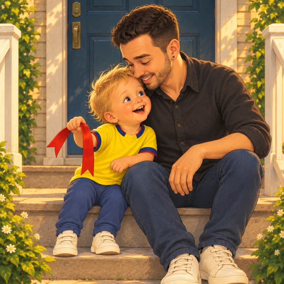 Tom leans into Dad, laughing, while Dad bends affectionately toward his hair.