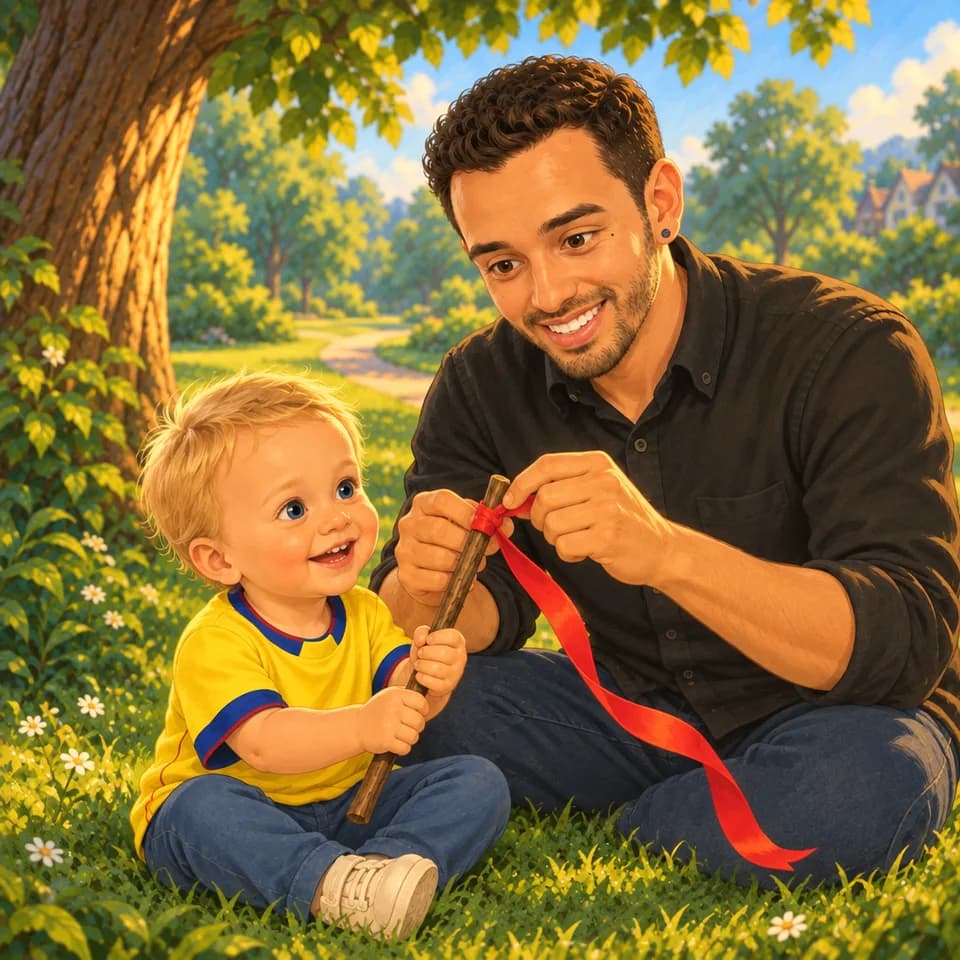 Tom sostiene un palo mientras Papá le ata una cinta roja en el jardín.
