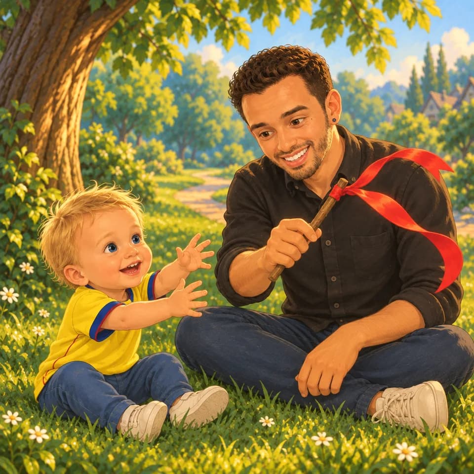 Papá mueve la cinta y Tom estira las manos hacia ella.