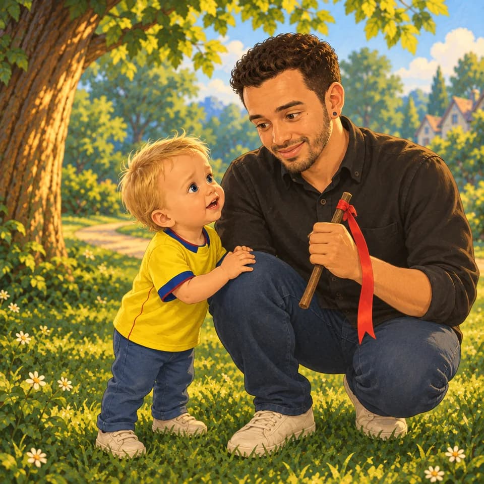 Papá se agacha al lado de Tom, sosteniendo la cinta quieta.