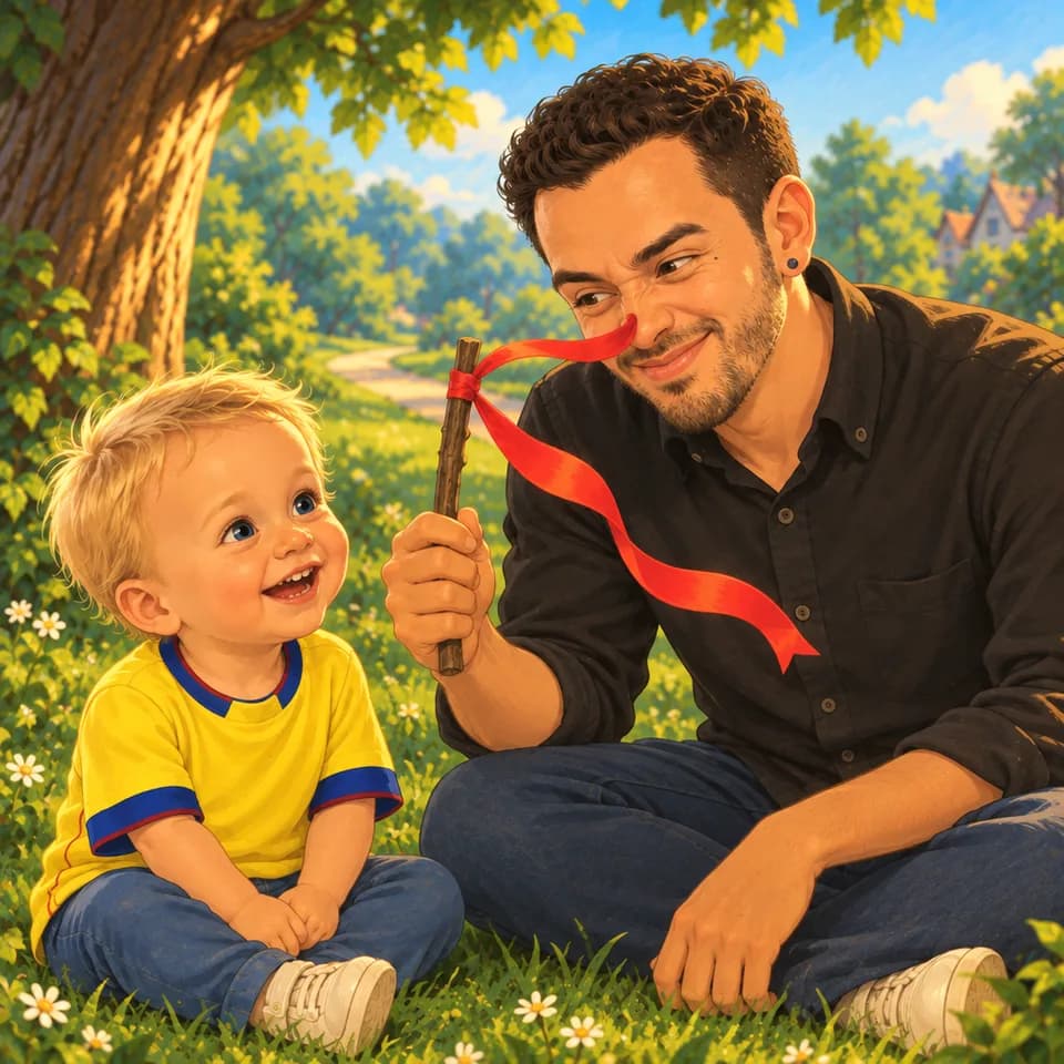 La cinta toca la nariz de Papá y Tom se ríe.