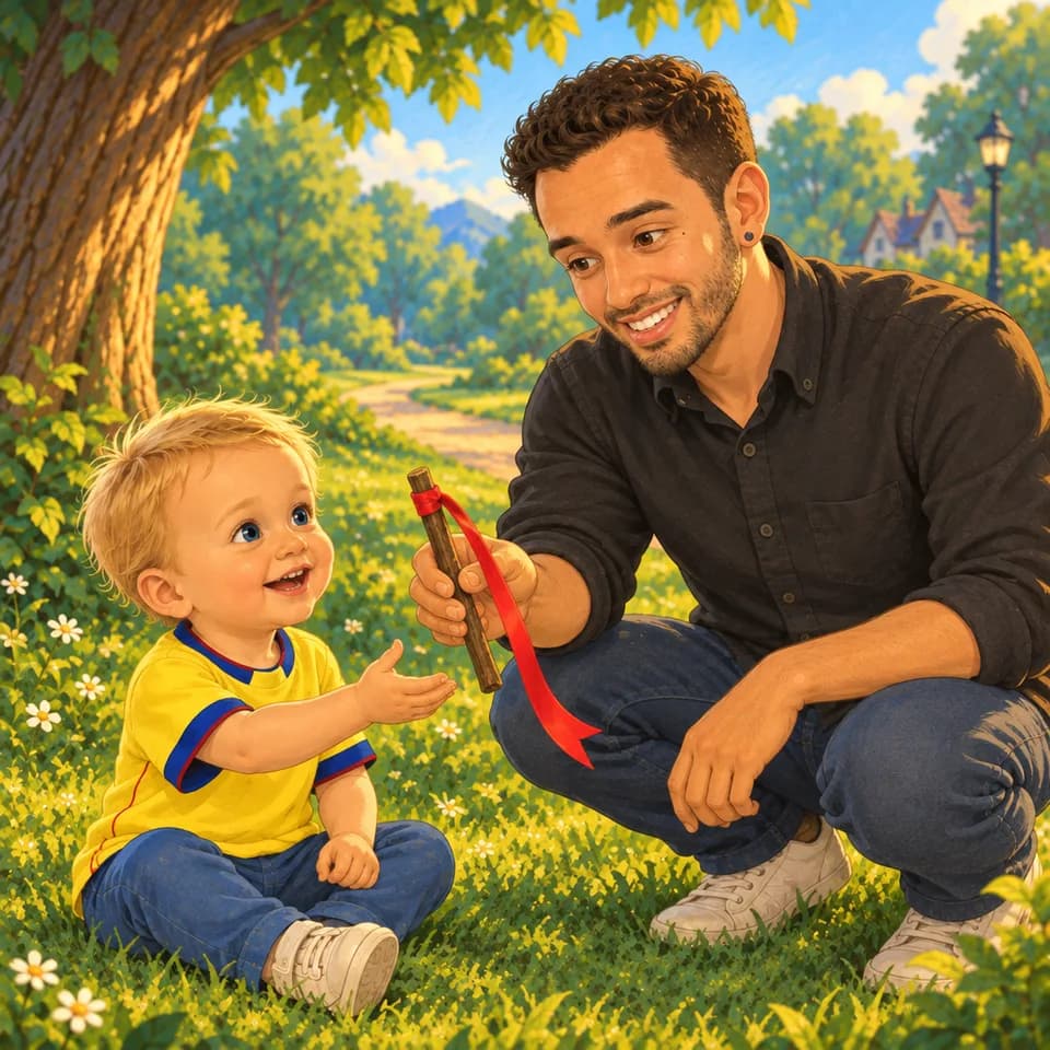 Papá ofrece el palo hacia la mano de Tom.