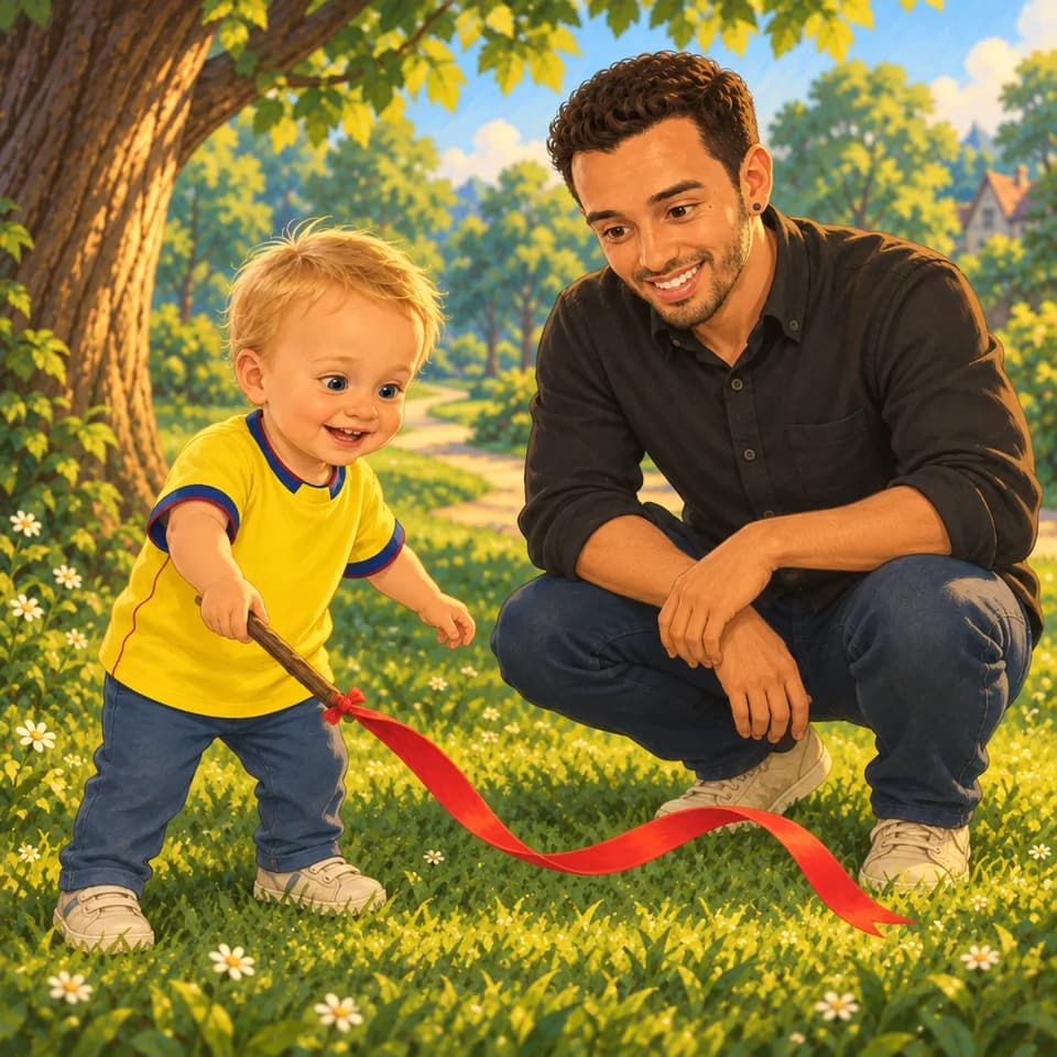 Tom mueve la cinta cerca del pasto mientras Papá lo observa.