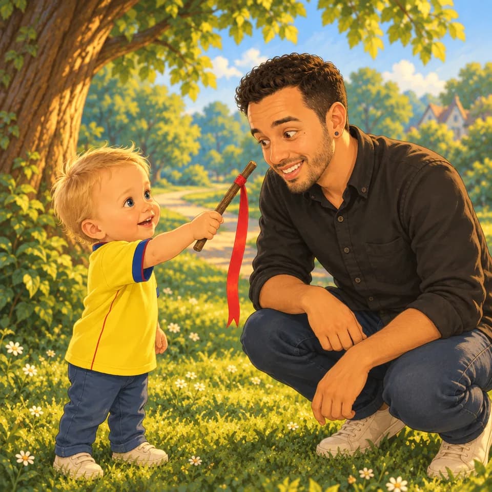 Tom ofrece el palo a Papá con la cinta colgando.