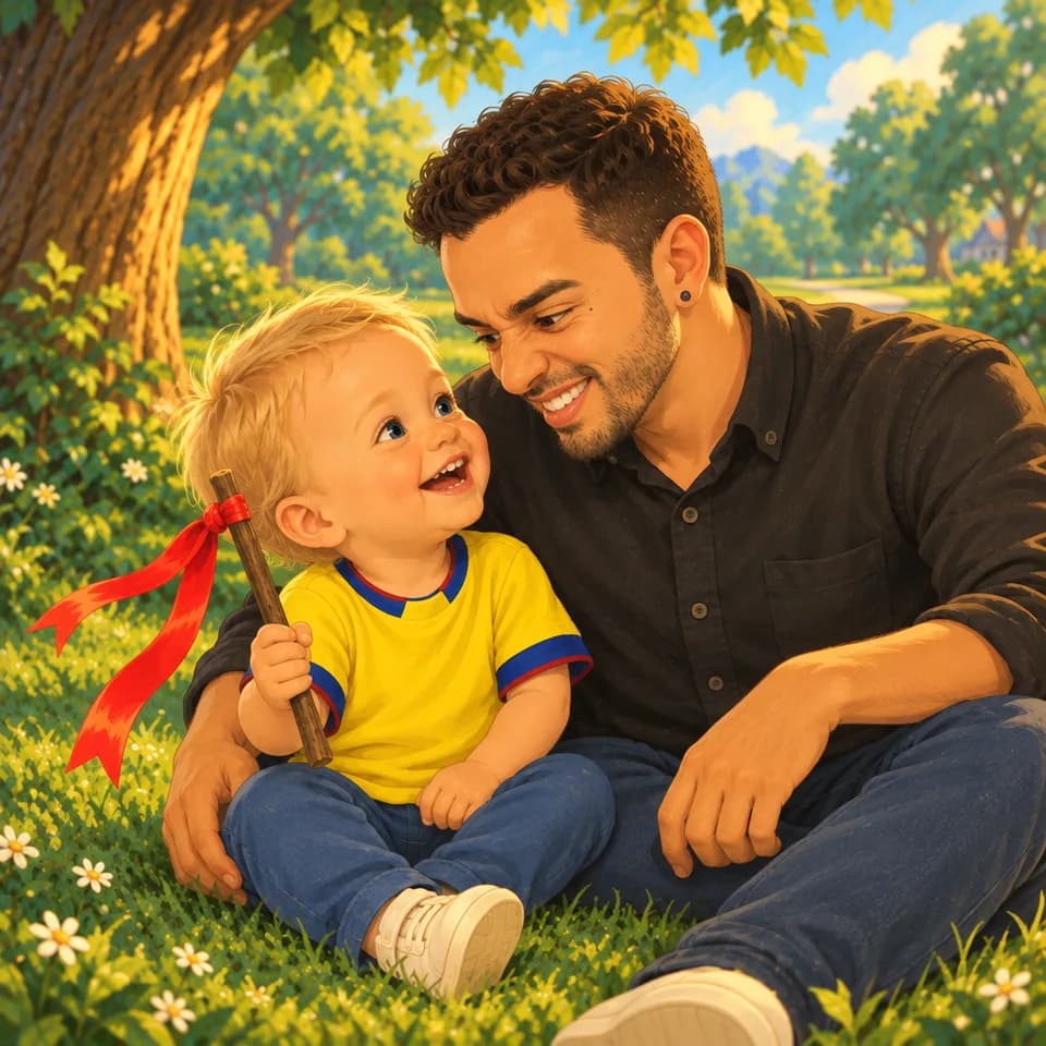 Tom sostiene el palo junto a Papá y ambos sonríen.