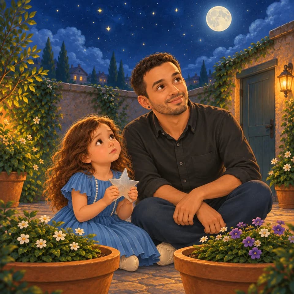 Ellen holds a silver star and gazes upward beside Dad in the moonlit garden.