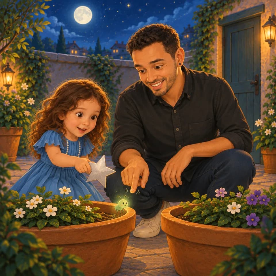 Ellen points the silver star toward two flowerpots while Dad points at a glowing pretend bug.