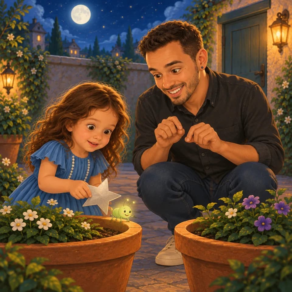 Ellen holds the star beside the bug on a pot rim; Dad watches.