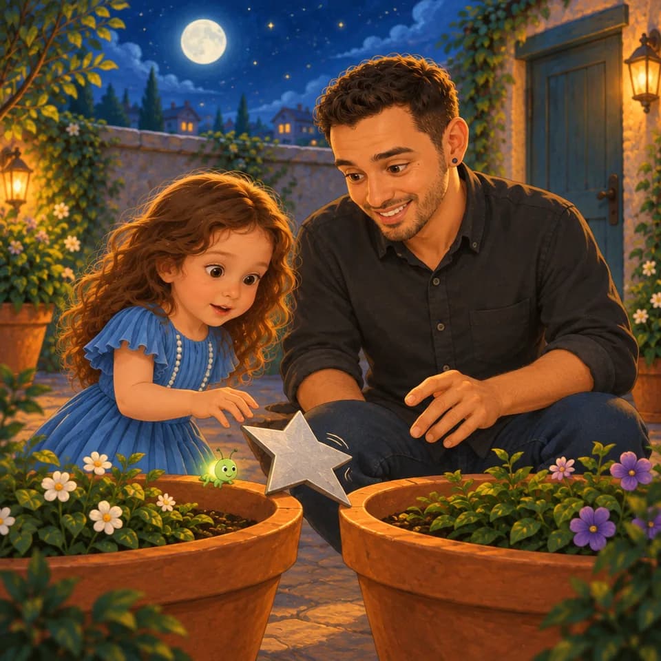 The star tips between the pot rims as Ellen releases it; Dad reaches nearby.