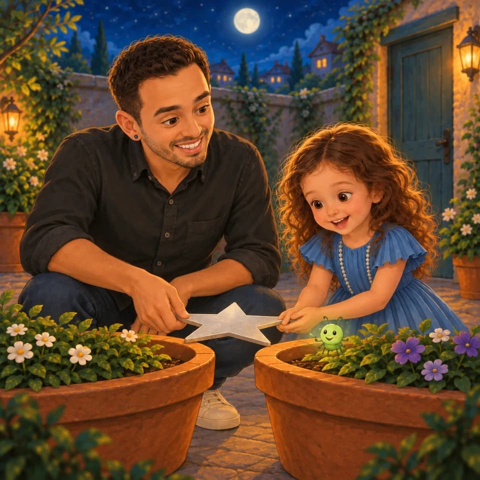The bug has reached the other pot; Ellen and Dad still hold the star bridge.