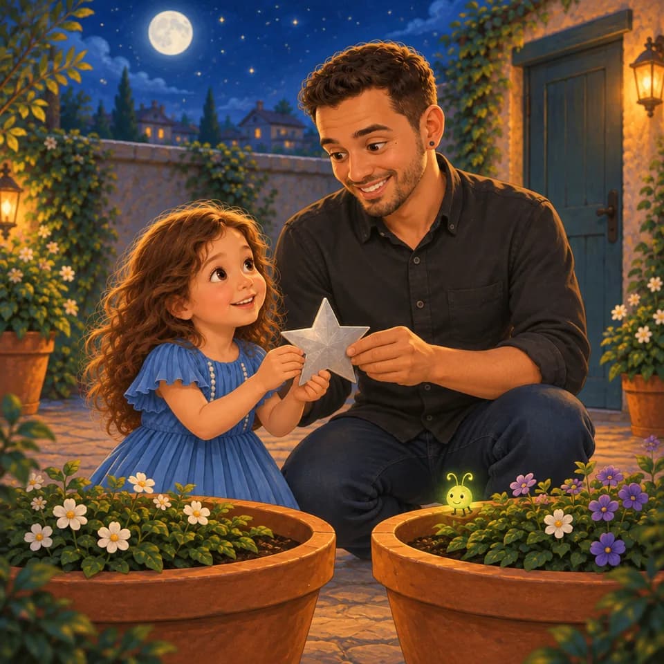 Ellen and Dad lift the star away from the pots together.