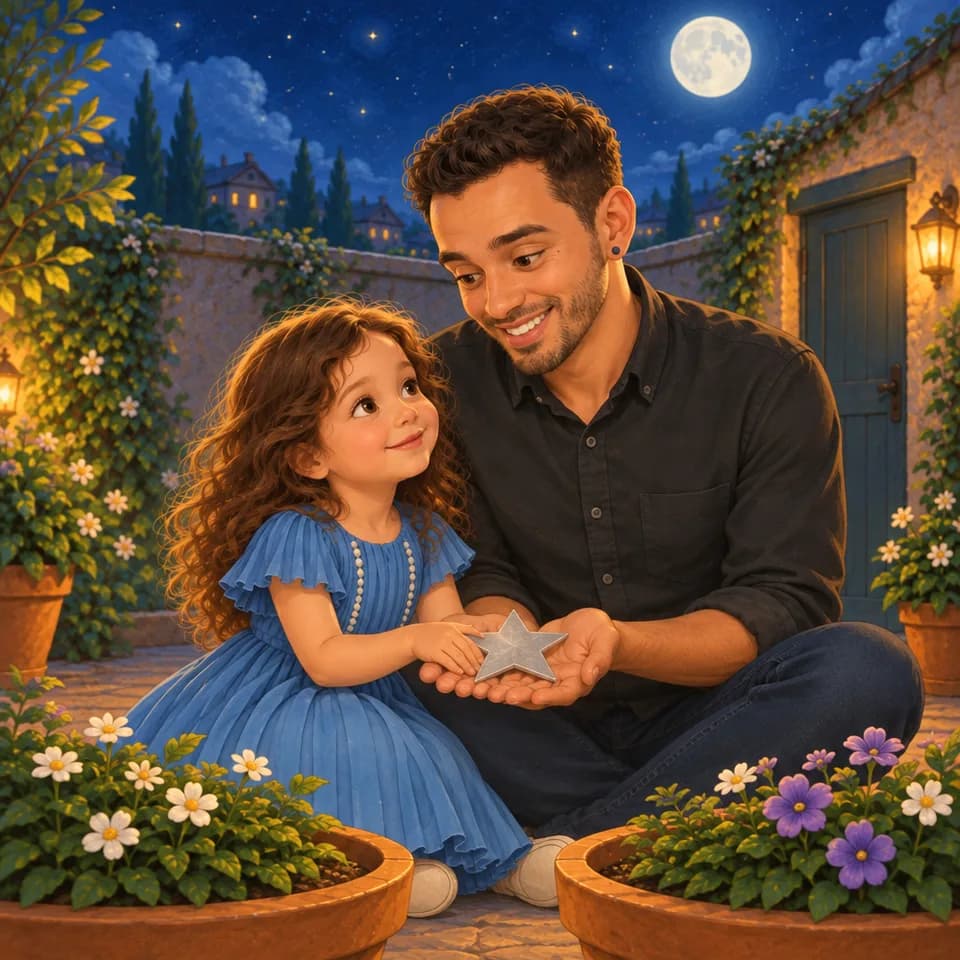 The silver star rests across Ellen and Dad’s open hands in the moonlit garden.