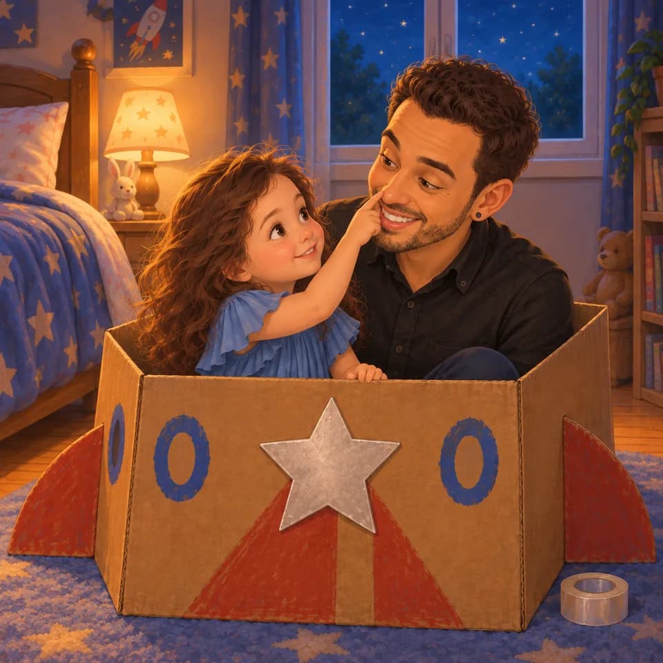 Ellen toca la nariz de Papá dentro de su cohete de cartón.