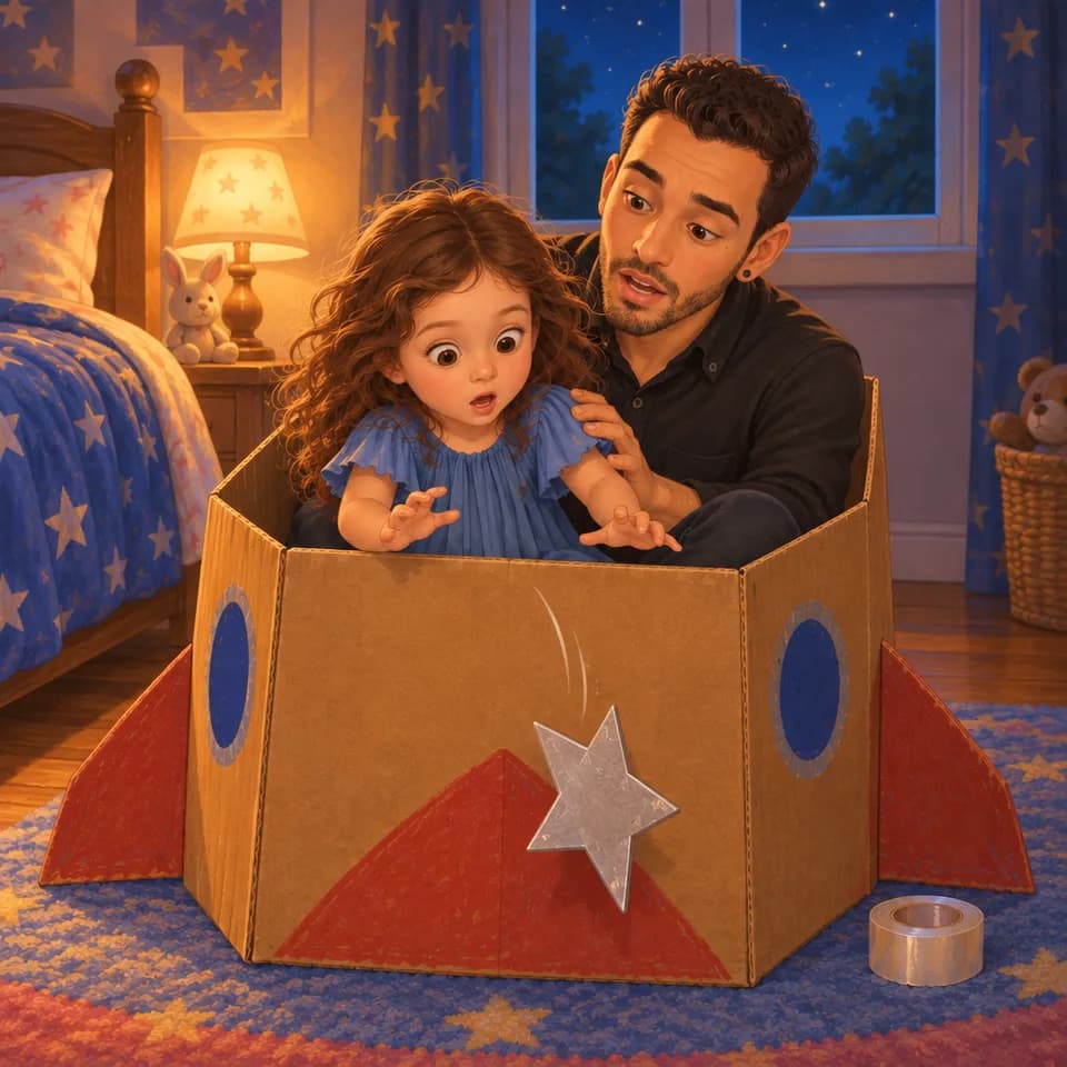 La estrella cae del frente del cohete mientras Ellen y Papá la miran.