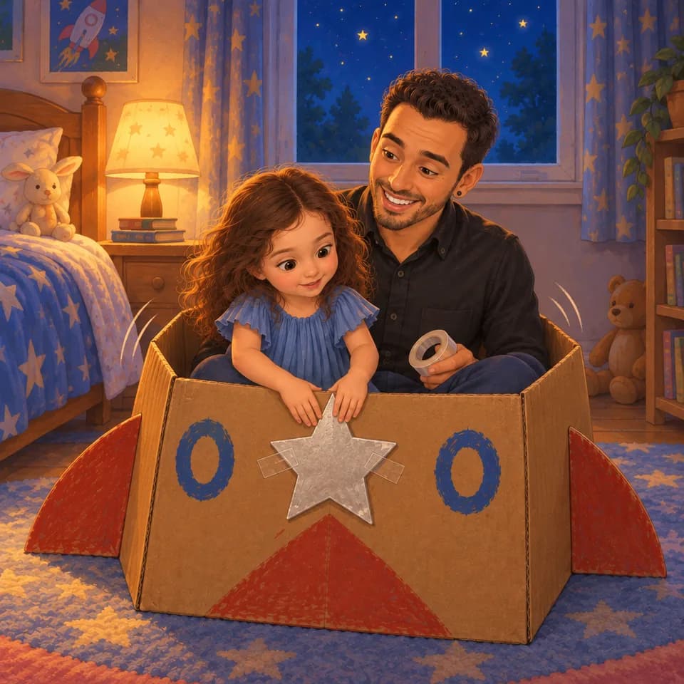 Ellen y Papá están sentados en el cohete con la estrella sujeta con cinta.