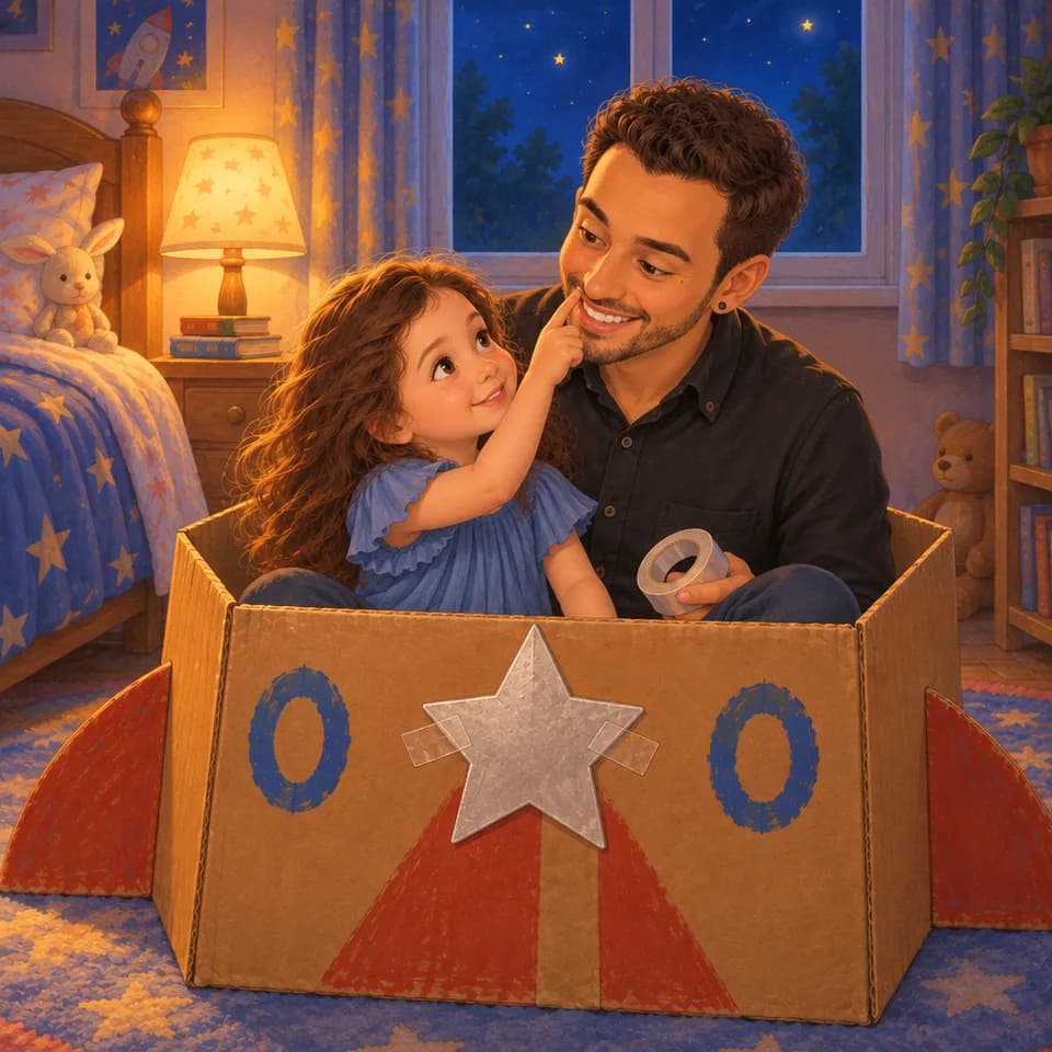 Ellen toca de nuevo la nariz de Papá; la estrella sigue pegada al cohete.