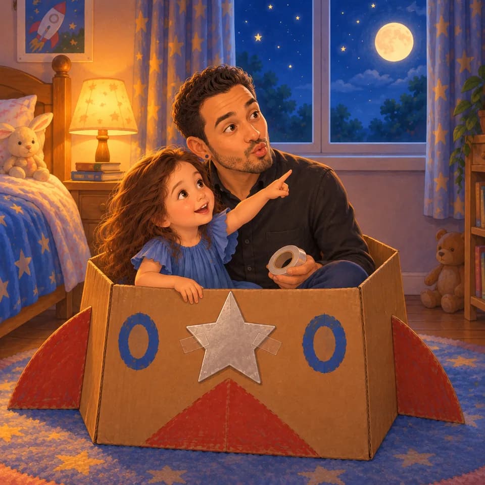 Ellen señala la luna por la ventana y Papá hace un gesto divertido.