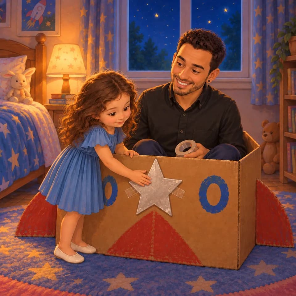 Ellen, fuera del cohete, toca la estrella pegada; Papá sostiene un rollo de cinta dentro.