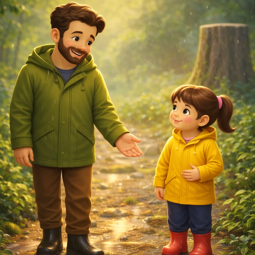 A child and her father in an illustrated storybook scene, reading together
